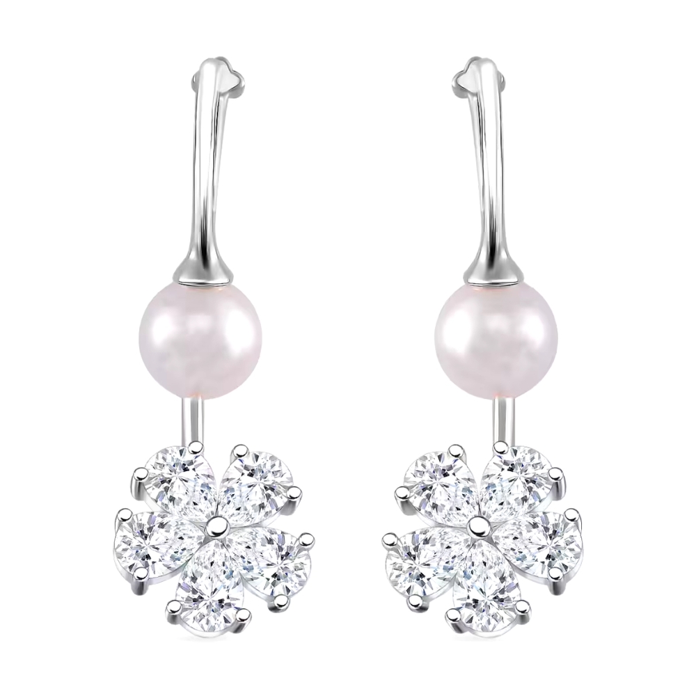 White Shell Pearl, Simulated Diamond Earrings in Silvertone and Stainless Steel